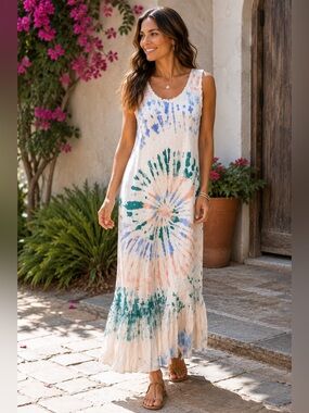 Mazik Cream Maxi Dress with Blue, Green & Peach Tie-Dye